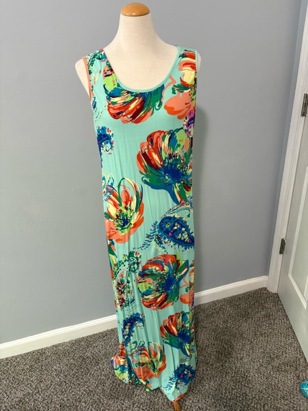 Aqua Floral Sleeveless Maxi Dress